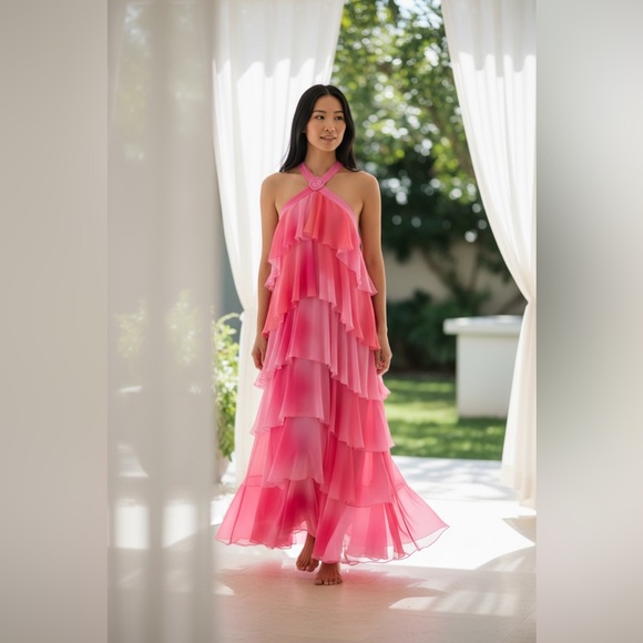 Vero Moda Dresses & Skirts - Vero Moda Pink Ombré Tiered Chiffon Maxi Dress Halter Open Back